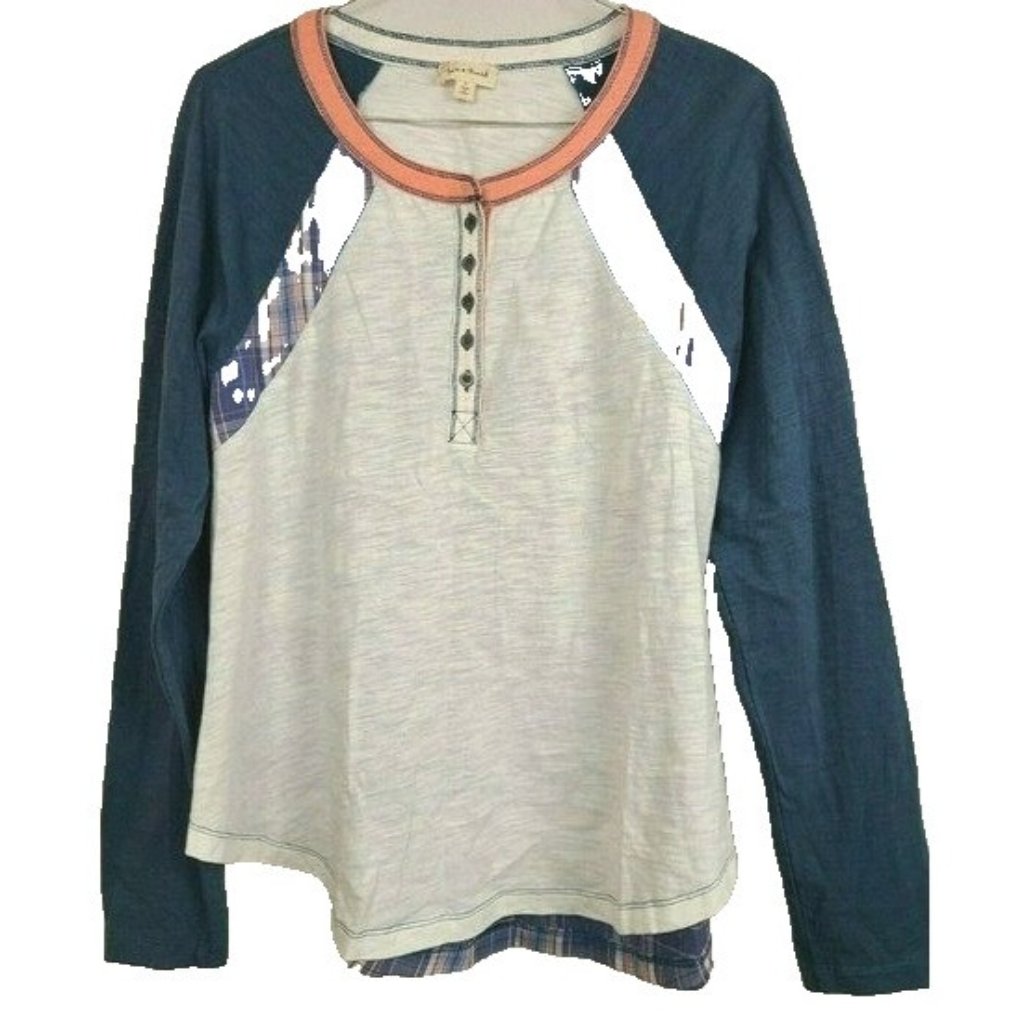 Hem & Thread Womens Boho Henley Top Small Navy Cream Plaid Long Sleeve Casual